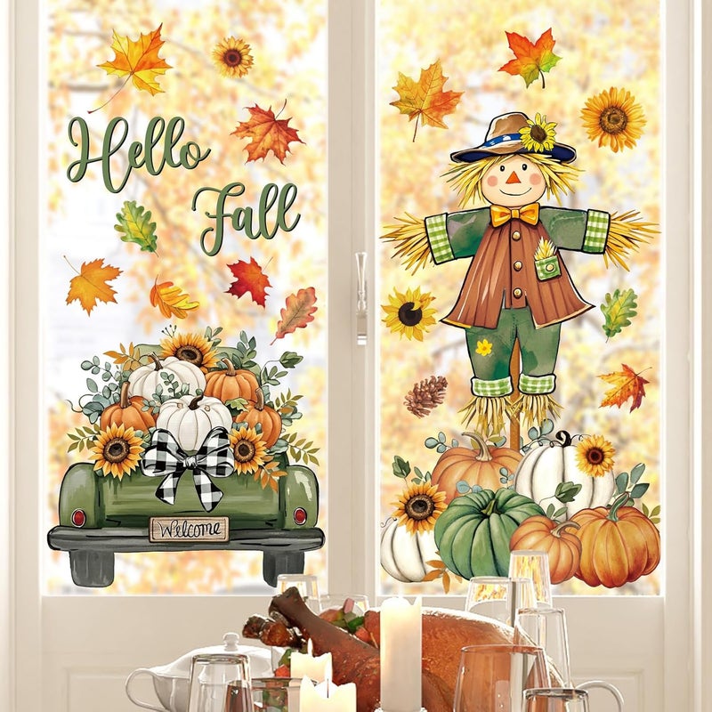 Whaline 6 Sheets Thanksgiving Fall Window Clings Green-Orange Scarecrow Maple Leaves Pumpkin Truck Reusable Window Decals for Autumn Harvest Thanksgiving Home Office School Decor - Image 2